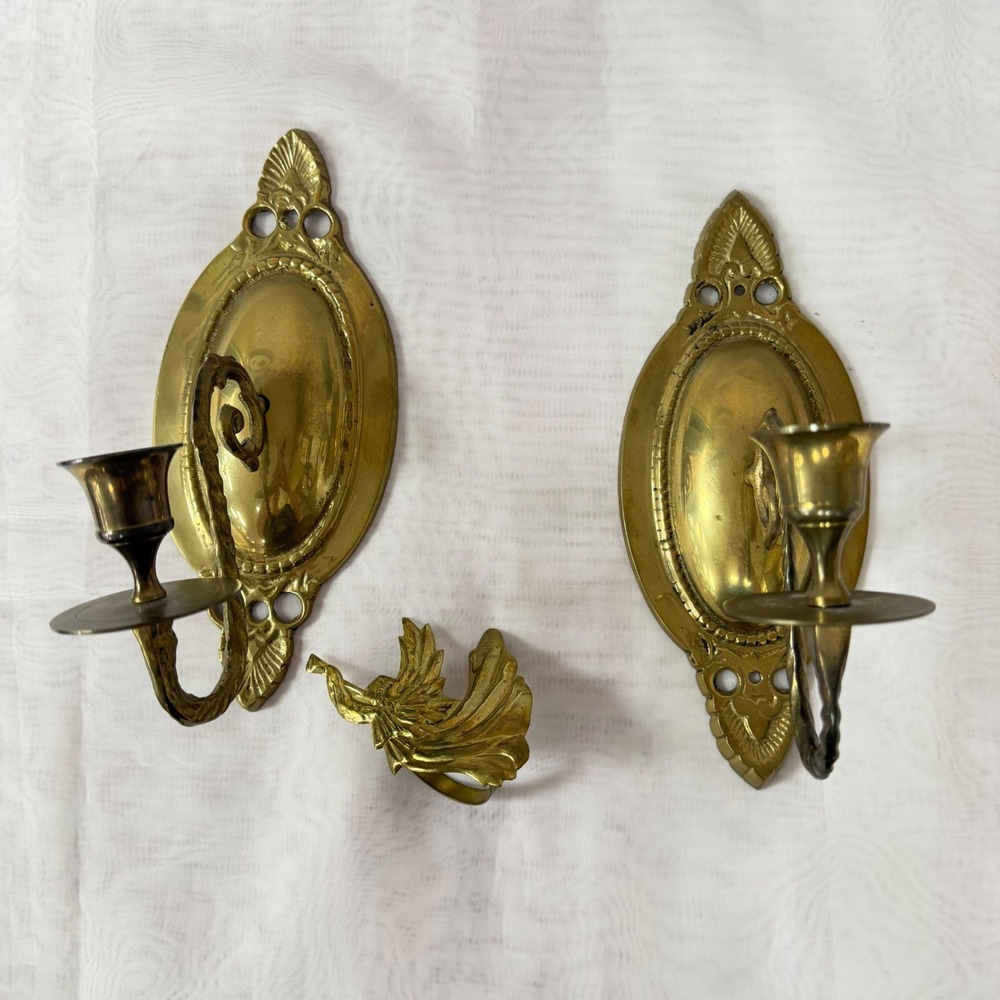 Vintage Brass Wall Sconce Pair and Eagle Napkin Ring Set Ornate Candle Holders